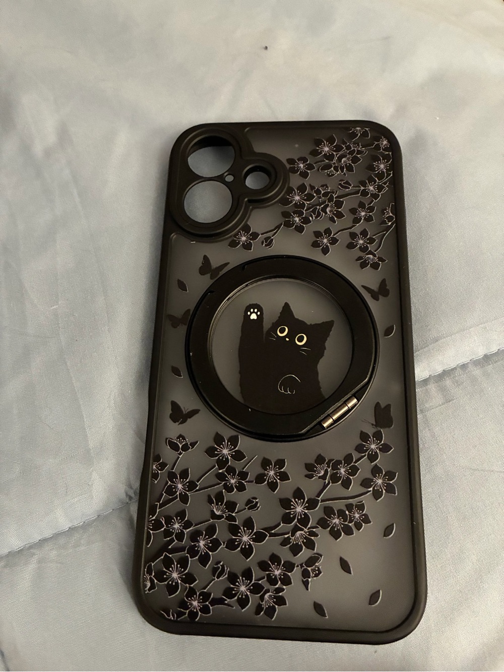 Black Floral Cat Clear I phone 16 Plus Phone Case with Ring Grip